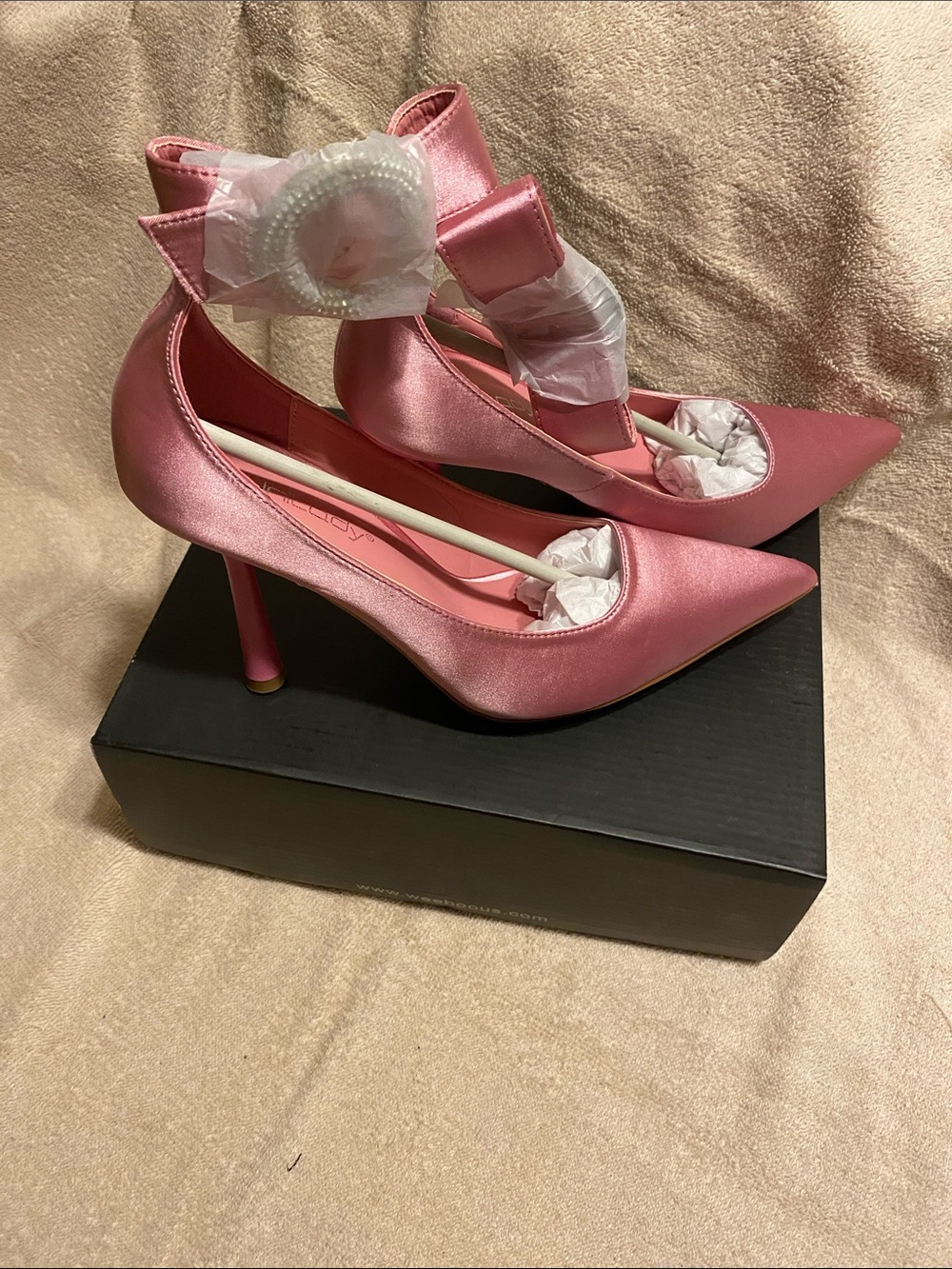 Satin Pink Pointed Stiletto Heels with Ankle Bow